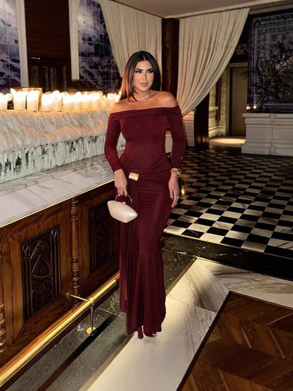 European and American autumn and winter new women's fashion solid color sexy one-shoulder metal decoration waist strap hip wrap dress
