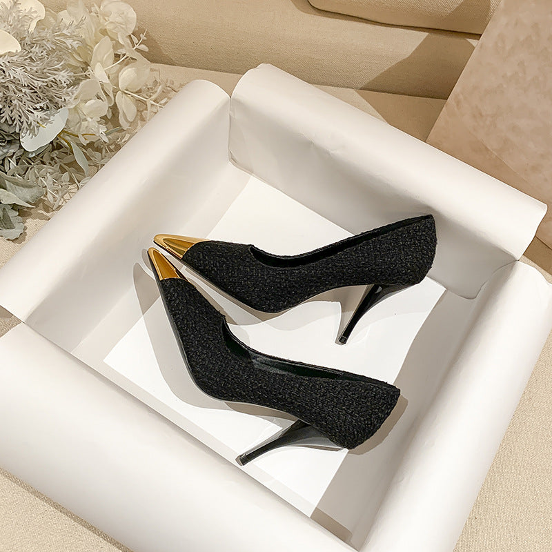 Black high heels women's 2026 new thin heel design sense temperament, versatile metal autumn and winter pointed toe single shoes spring set feet