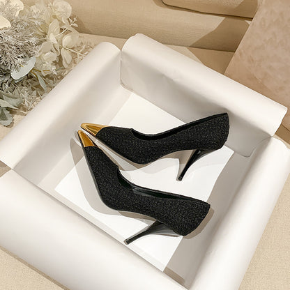 Black high heels women's 2026 new thin heel design sense temperament, versatile metal autumn and winter pointed toe single shoes spring set feet
