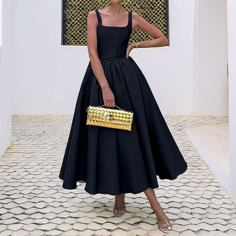 Comércio externo 2026: vestuário feminino europeu e elegante em estilo literário, com blusa ombro a ombro, sem mangas e corte evasé. Vestido europeu e americano.