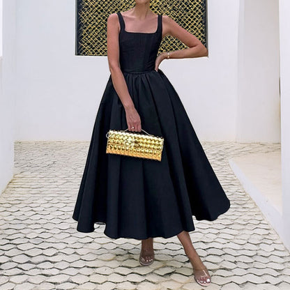 Comércio externo 2026: vestuário feminino europeu e elegante em estilo literário, com blusa ombro a ombro, sem mangas e corte evasé. Vestido europeu e americano.