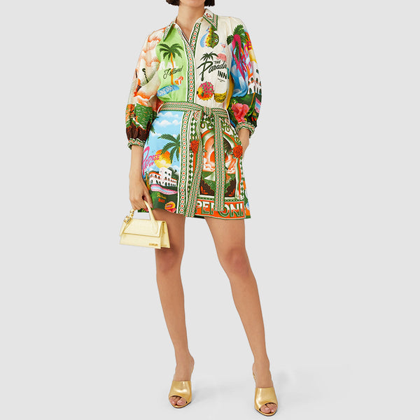2026 Spring New Cross-border European and American Fashion Printed Resort Style Shirt Cardigan Lace-Up Waist Dress