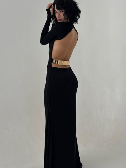 Foreign trade autumn and winter new European and beautiful women's clothing solid color high neck long sleeve sexy open back metal belt hip wrap dress for women