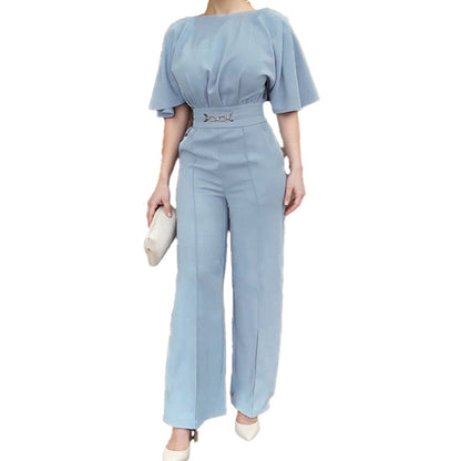 Amazon cross-border European and American clothing 2025 summer fashion crew neck solid color high-waisted elegant temperament wide-leg jumpsuit