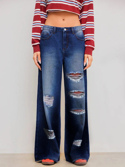 European and American cross-border foreign trade ripped jeans washed high waist straight leg versatile loose denim trousers women JEANS