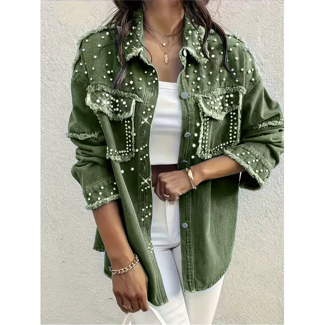 Diamond Pearl Women's Plus Size Diamond Pearl Embellished Denim Top Washed Denim Jacket Green