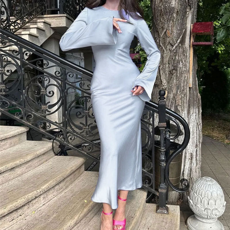 Amazon European and American foreign trade women's new French elegant solid color crew neck waist long sleeve temperament dress 661