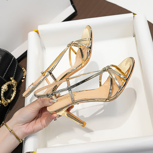 WO Huizhou New Patent Leather Stiletto Heel Sandals Gold European and American Open Toe Versatile Temperament Fashionable and Beautiful Round Toe