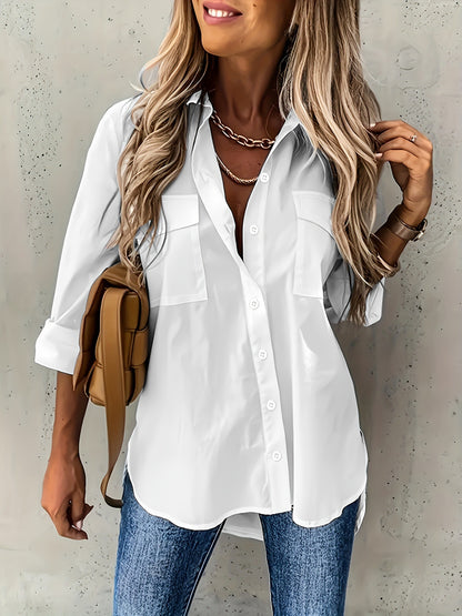 New 2024 European and American Women's Cross-border Western All-Season Versatile Pocket Loose Long Sleeve Lapel Plus Size Shirt