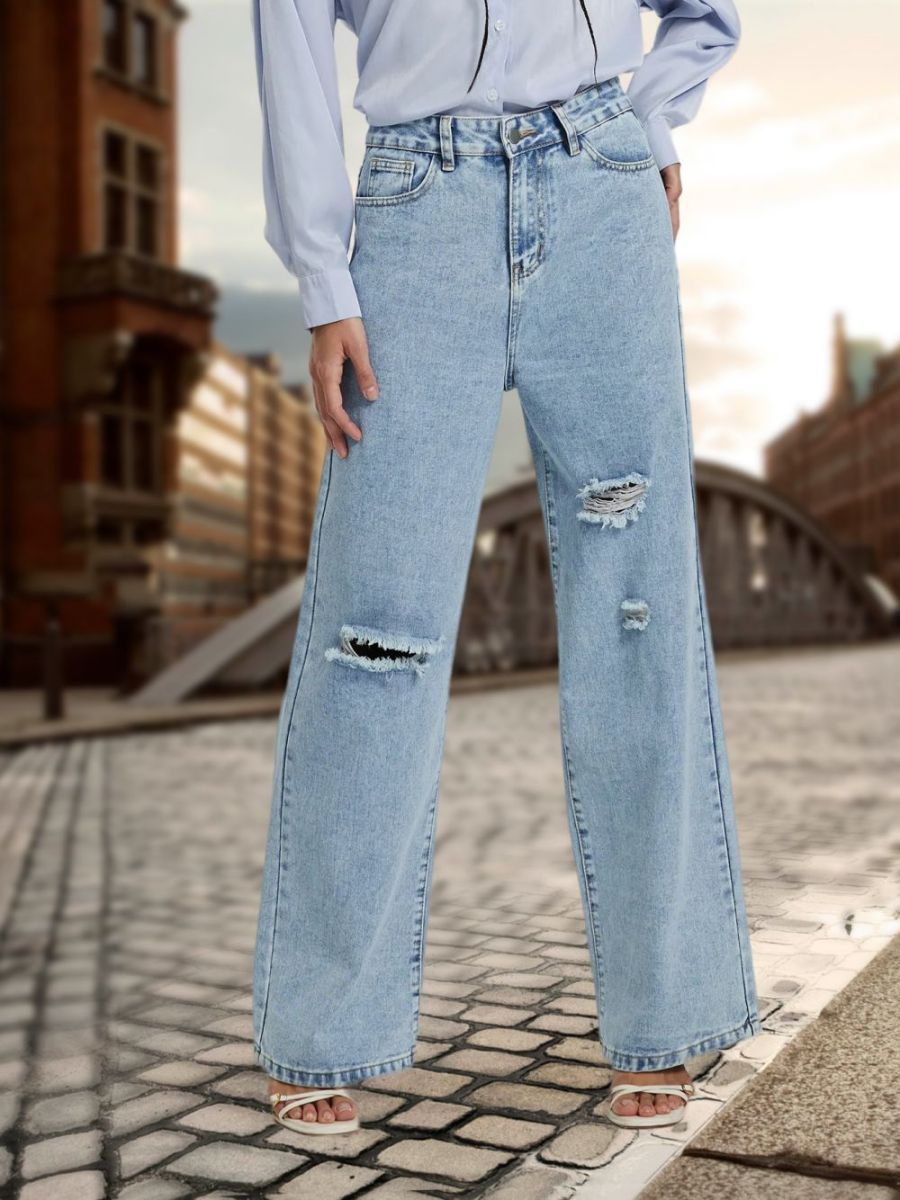 Spot cross-border European and American denim women's loose wide-leg trousers, high-waisted ripped jeans women's JEANS