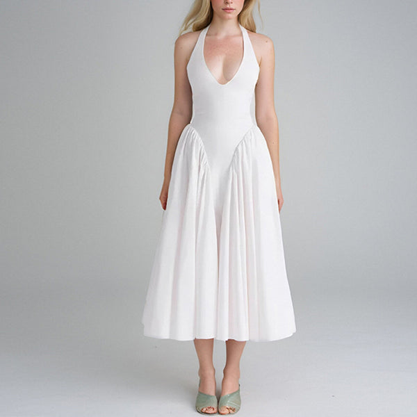 2026 spring new cross-border Amazon European and American clothing solid color temperament sexy V-neck halterneck high-waisted dress