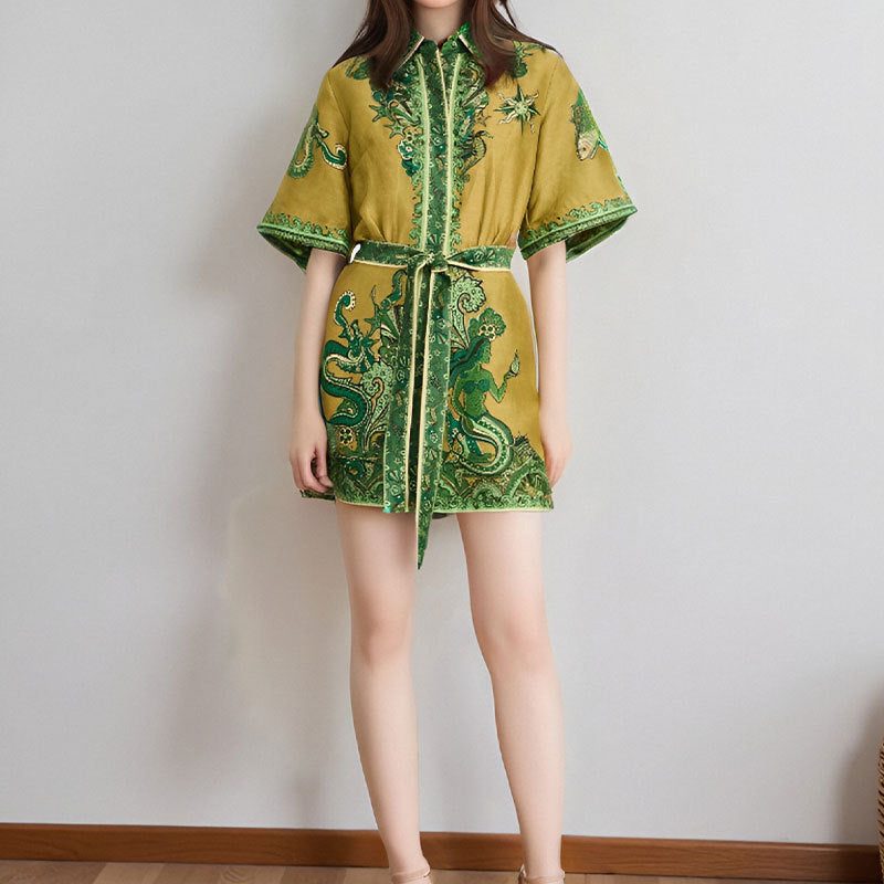 2026 spring new cross-border Amazon European and American fashion printed temperament lapel strap short-sleeved dress