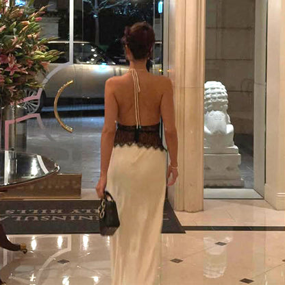 Cross-border 2025 summer new European and beautiful women's clothing sexy deep V backless lace see-through slim hip dress for women