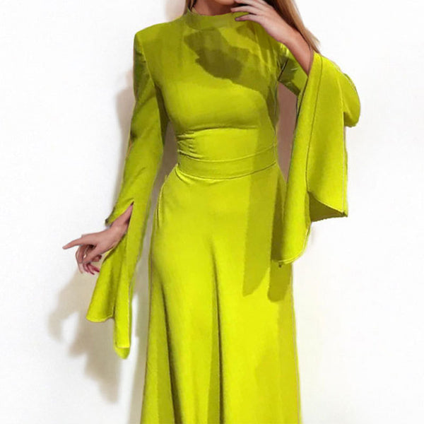 Cross-border European and American women's clothing 2025 New Year new temperament elegant solid color semi-high neck ruffled sleeve dress dress