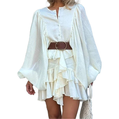 Vestido comprido feminino casual simples, de cor sólida, com folhos em cascata e mangas abalonadas, modelo lanterna, coleção verão 2025 da Amazon.