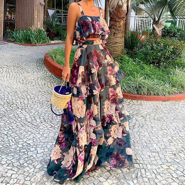 2026 New European and American Clothing Beach Resort Style Print Two-Piece Suspender Top Cake Skirt Long Skirt Set