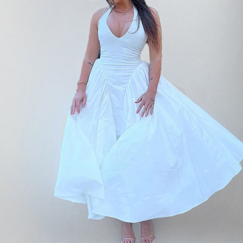 2025 Amazon Spring Hot Selling Cross-border European and American Clothing Solid Color Sexy Deep V Hollow Halterneck Temperament Dress