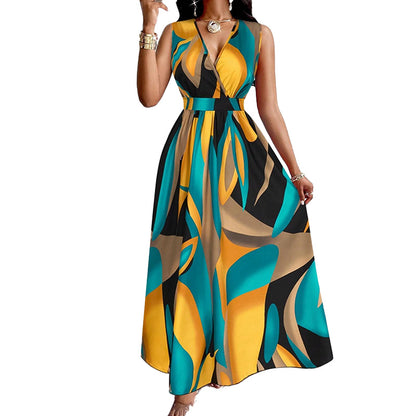 2026 Amazon cross-border new European and American women's clothing temperament is elegant and fashionable, sexy printed sleeveless V-neck dress