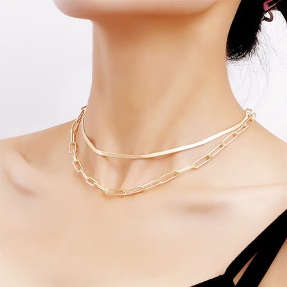 European and American cross-border jewelry double layer multi-layer square clavicle chain blade snake chain clavicle chain ladies necklace wholesale