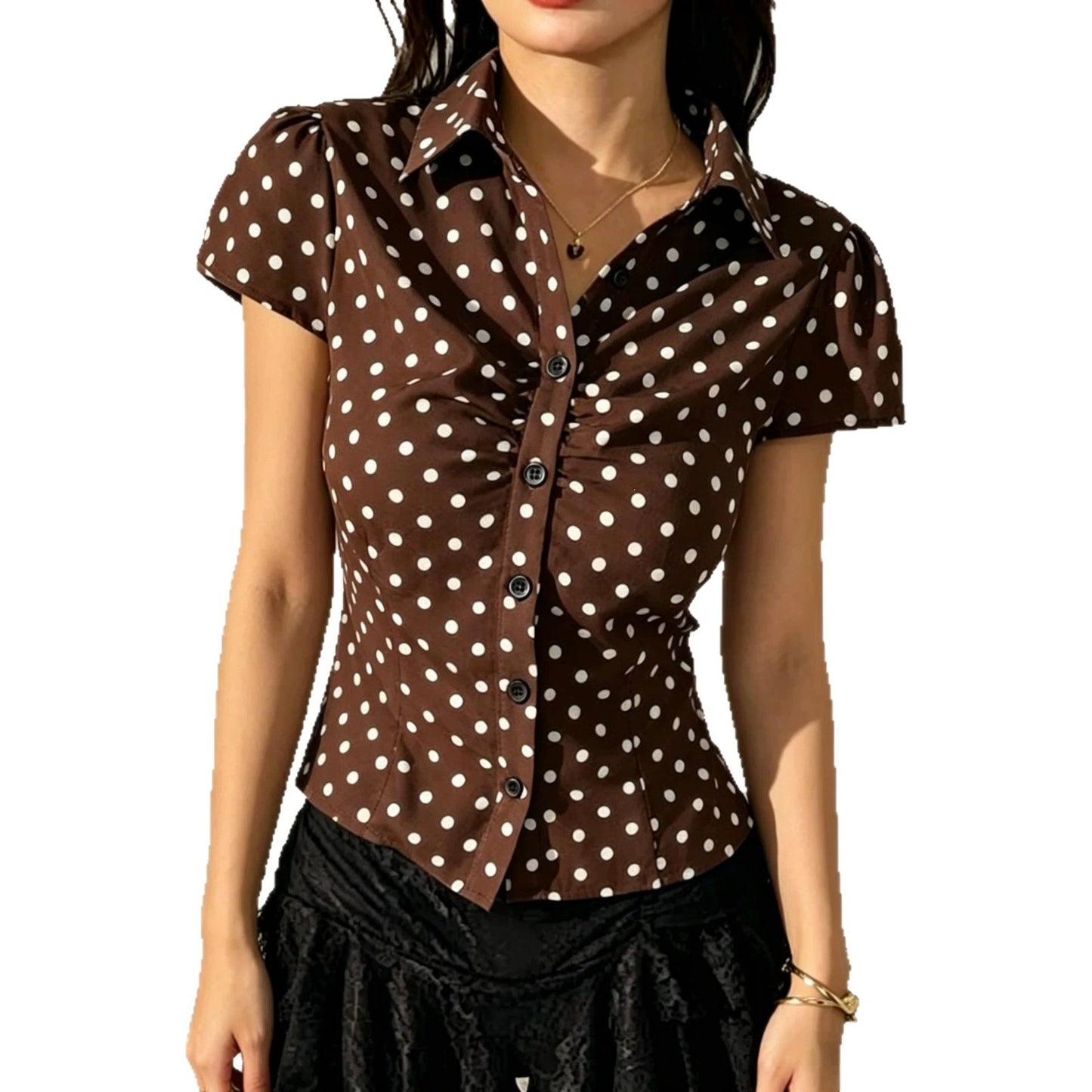 Cross-border European and American front-pleated short-sleeve striped women's shirt, slim and slimming, new versatile summer commuting style