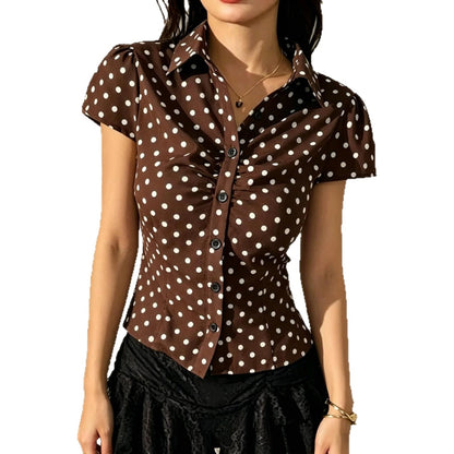 Cross-border European and American front-pleated short-sleeve striped women's shirt, slim and slimming, new versatile summer commuting style