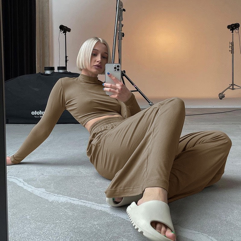 Cross-border exclusive for European and American ins style 2021 autumn new women's casual home two-piece set long sleeve wide-leg set