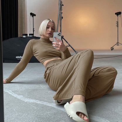 Cross-border exclusive for European and American ins style 2021 autumn new women's casual home two-piece set long sleeve wide-leg set