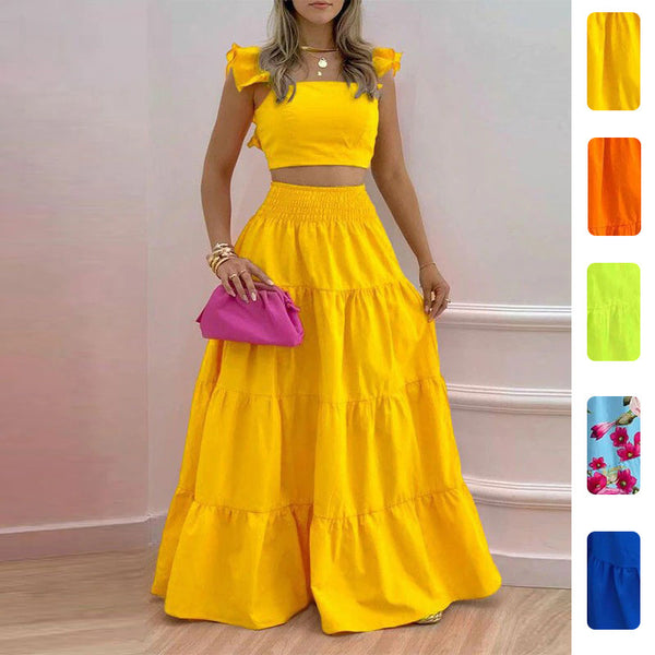2026 Spring New European and American Cross-border Women's Solid Color Fashion Sexy Lotus Leaf Suspender Skirt Fashion Suit Women | Ciaura