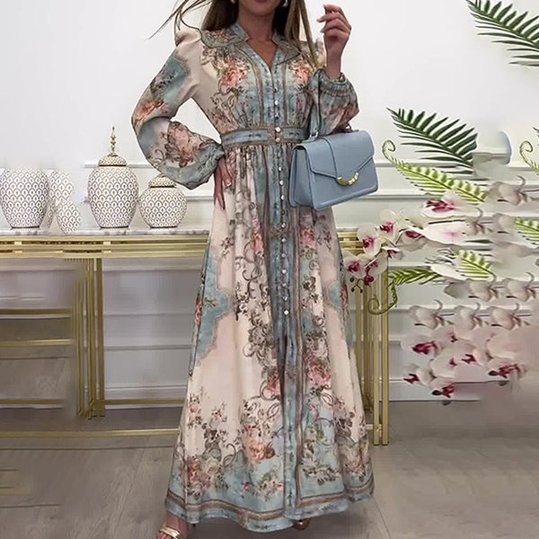 2026 spring new cross-border Amazon European and American clothing retro temperament printed long sleeve large waist dress