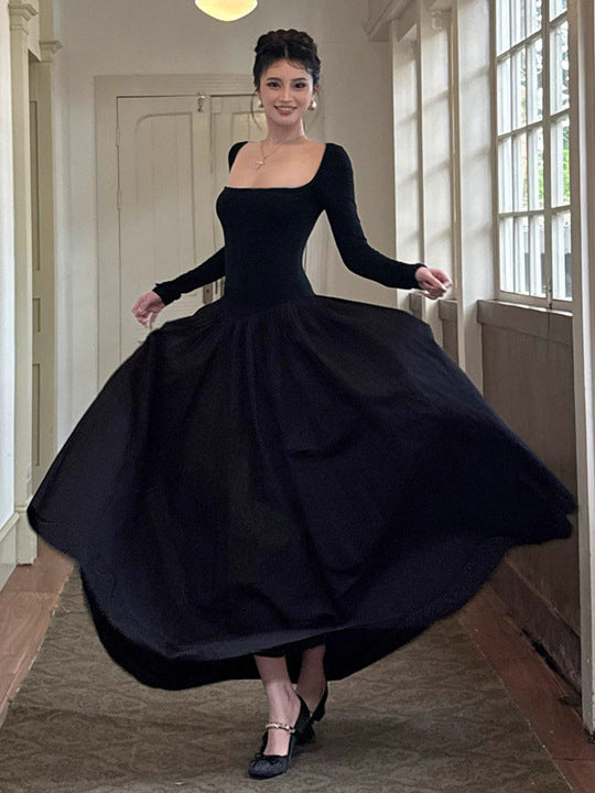 Foreign trade European and beautiful women's clothing autumn and winter new French Hepburn style fashion square neck waist swing temperament long sleeve dress