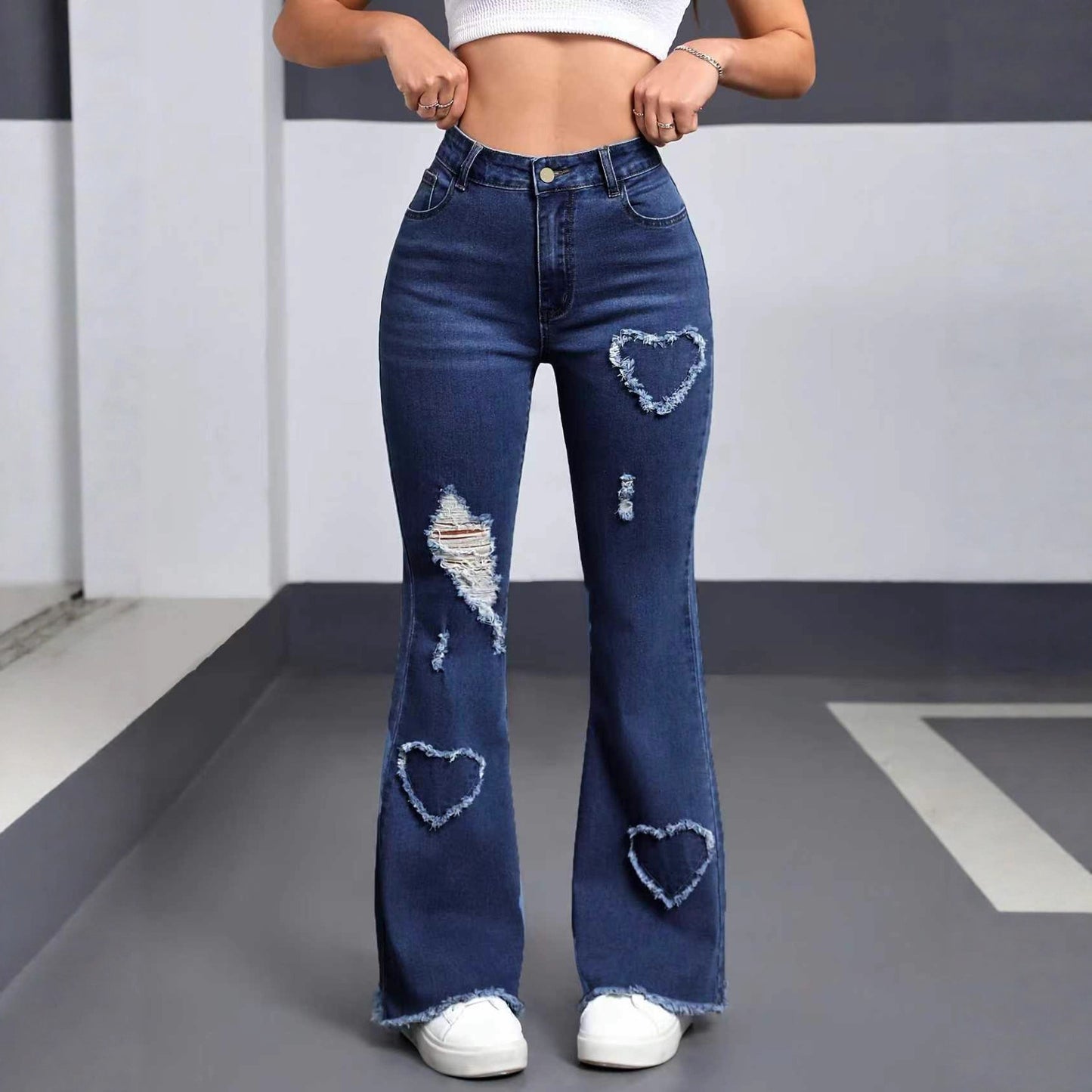 European and American women's jeans, stretch heart, pattern, ripped flared pants, fashionable casual pants, WOMEN JEANS