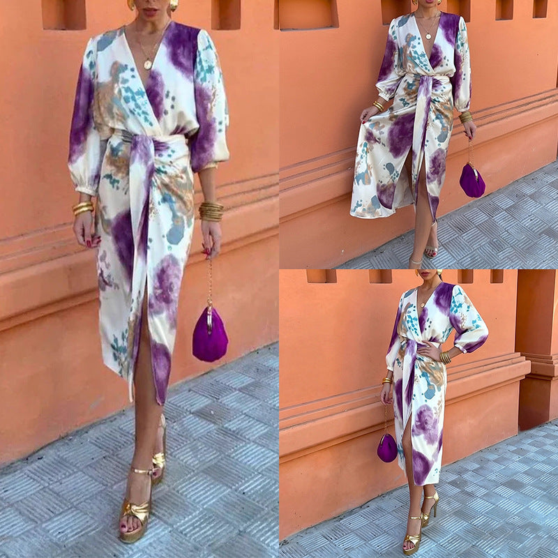 Foreign Trade Spring 2026 Amazon European Beauty Clothing Chic V-Neck Long Sleeve Sexy Slit Midi Skirt Two-Piece Set