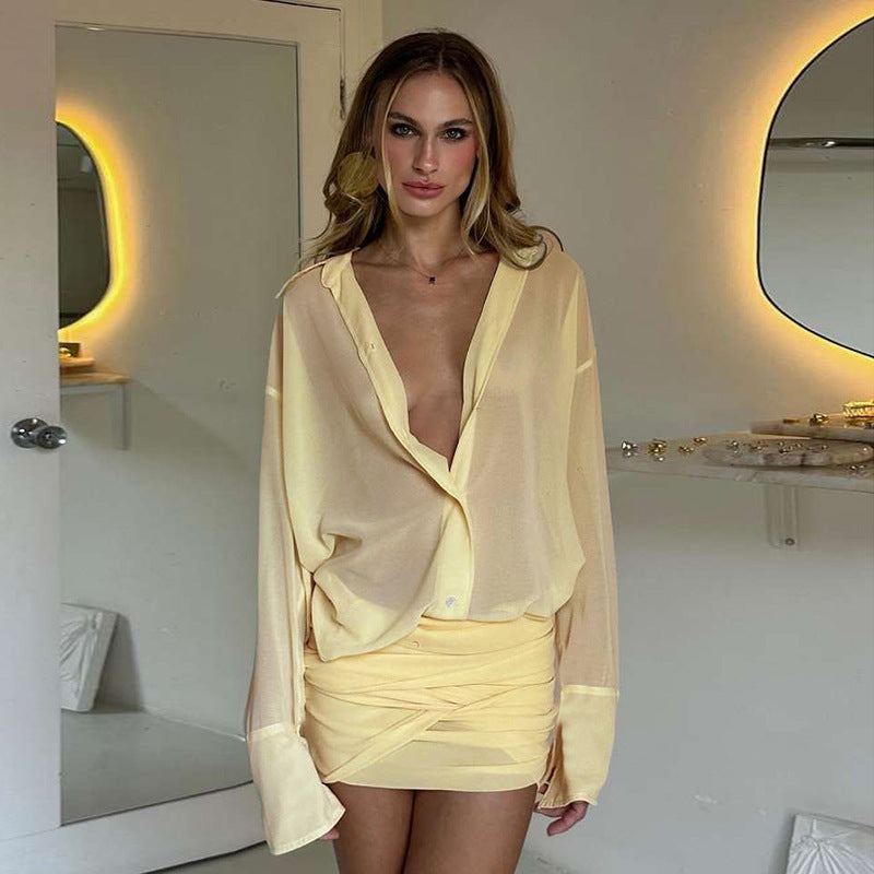 Cross-border European and American women's autumn and winter new sexy lapel cardigan slim fit, strap strap hip temperament shirt dress woman