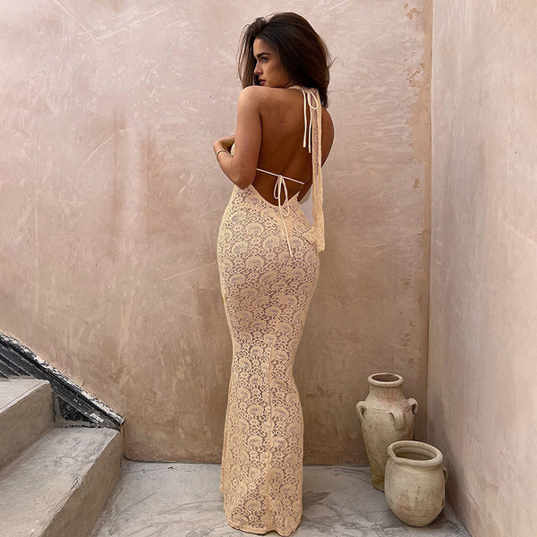 Cross-border 2025 summer new European and American clothing sexy deep V neck see-through slim back open lace dress for women - view 2 | Ciaura