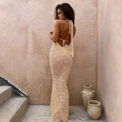 Cross-border 2025 summer new European and American clothing sexy deep V neck see-through slim back open lace dress for women