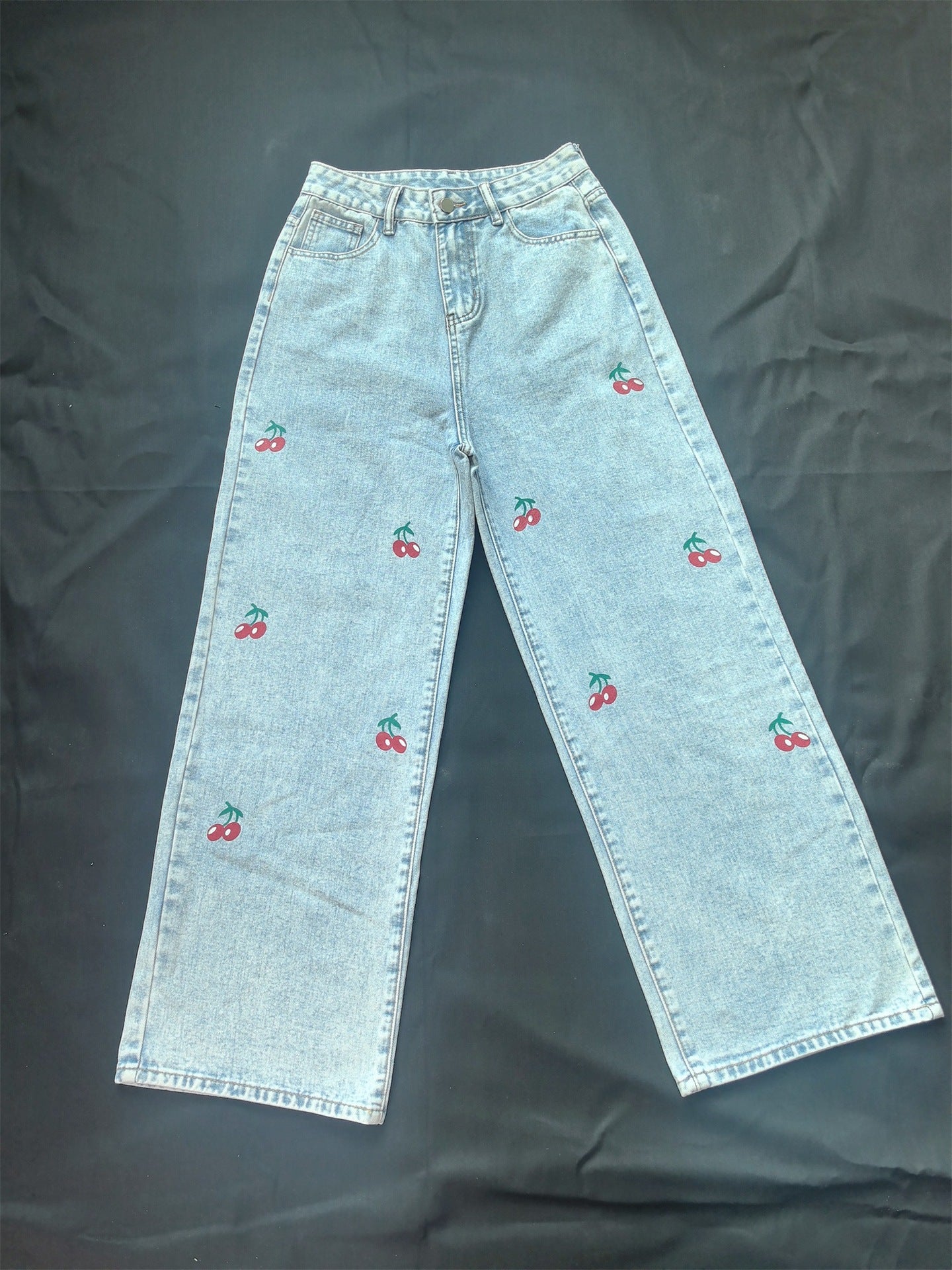 Cross-border foreign trade original design jeans cherry print wash high waist straight denim trousers women JEANS