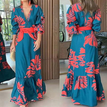 2026 spring new cross-border European and beautiful fashion temperament printed hundred towers long skirt lace-up waist dress