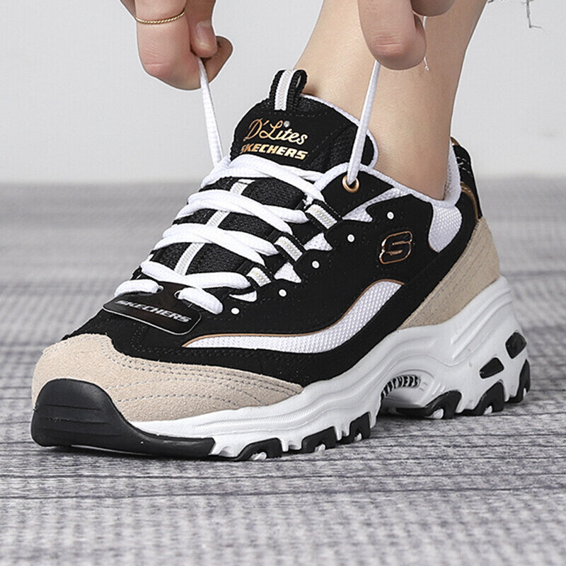 Skechers black and white gold panda shoes couple sneakers men's autumn retro height increase daddy shoes women's 66666228