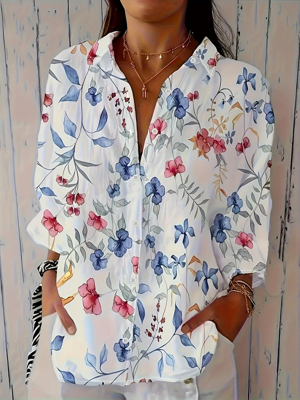 Cross-border European and American foreign trade full print floral print long sleeve casual resort women's shirt women's clothing