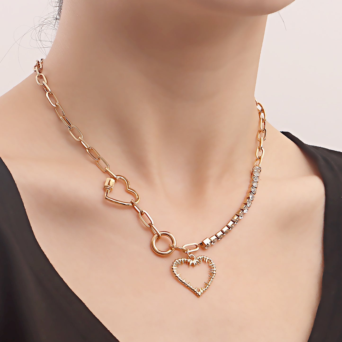 European and American cross-border jewelry, hip-hop geometric sweet and cool love single-layer necklace, personalized claw diamonds, mixed and matched fashion necklaces