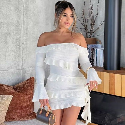 Foreign Trade AliExpress Autumn Women's New Sexy One-Shoulder Slim Flared Sleeve Short Ruffled Dress Women