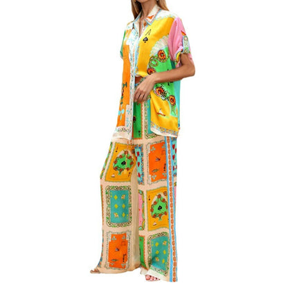 2026 spring new cross-border independent station European and American casual shirts trousers loose printed fashion suit women