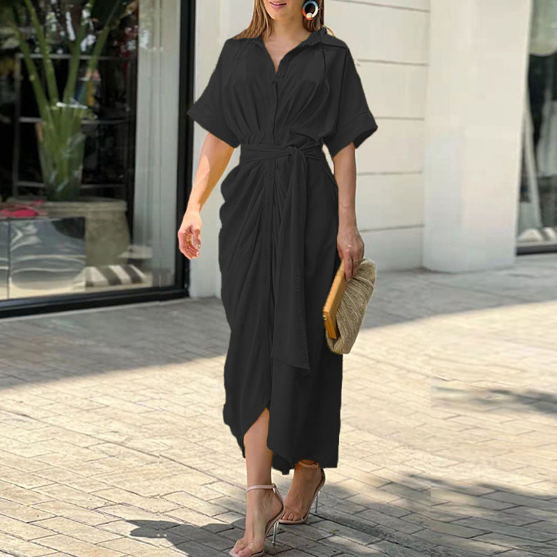 Foreign Trade 2026 Amazon INS European and American Cross-border Women's Printed Lapel Short Sleeve High Waist Long Shirt Dress