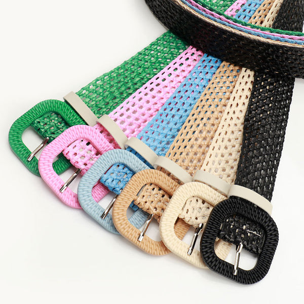 Summer candy color square buckle belt women's high-end sense Sensen women's PP grass woven women's belt versatile dress belt