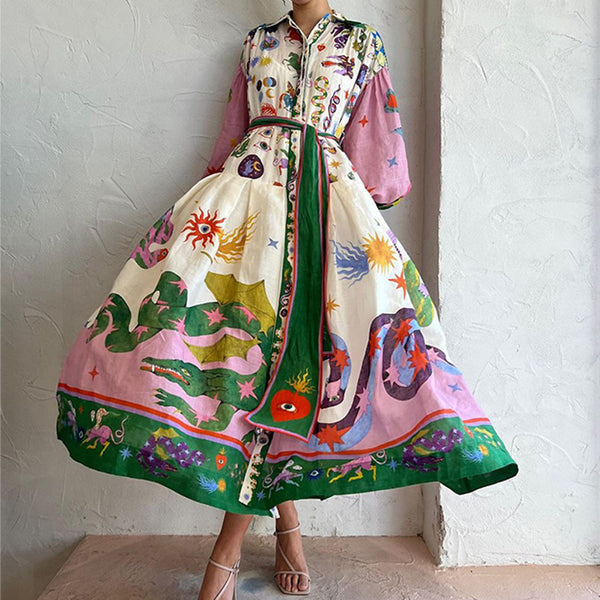Spring 2026 new European and American cross-border women's lantern sleeve printed lapel cinched waist long sleeve big swing dress
