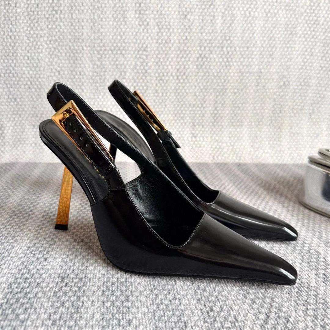 YX2026 autumn small gold bar back empty strap high heels women's stiletto patent leather toe sexy high heel sandals women