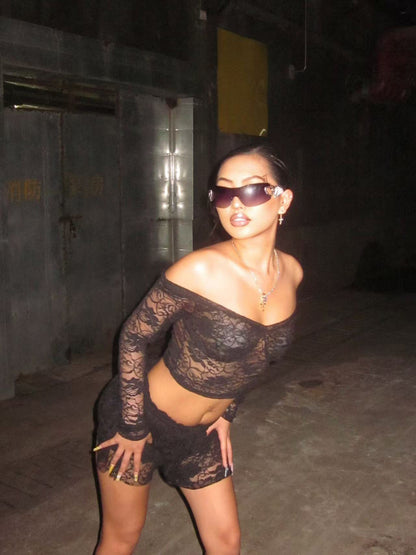 Cross-border Amazon European and American women's clothing spicy sexy bandeau crop top waist lace see-through skirt two-piece set