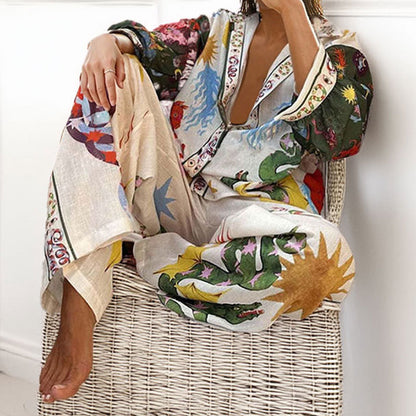 Cross-border European and American Clothing 2026 Suit New Casual Print V-Neck Shirt Wide-Leg Pants Women's Spring Suit Women's Spring Suit Women