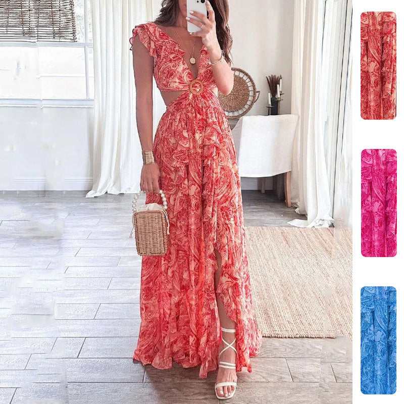 Spring 2026 new cross-border European beauty clothing elegant print deep V sexy waistless cutout dress