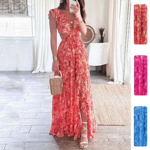 Spring 2026 new cross-border European beauty clothing elegant print deep V sexy waistless cutout dress